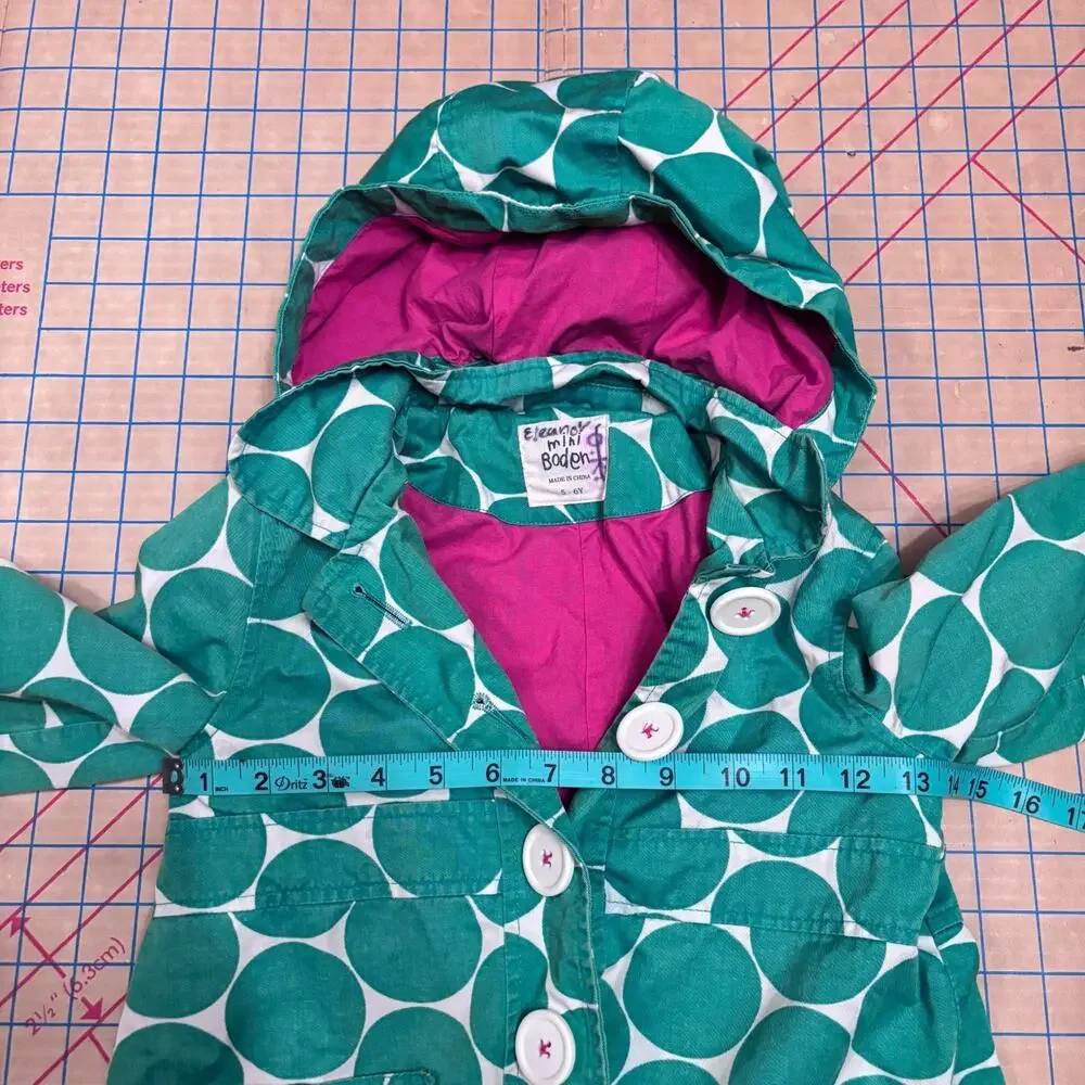 Classic Mini Boden‎ Girls Polka Dot Hooded Jacket 5-6Y Green White Cotton
